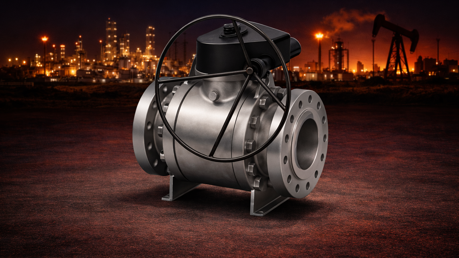 Trunnion ball valve API 6D with oil and gas background